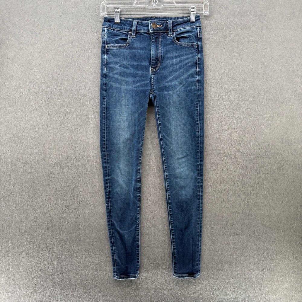 American Eagle Jeans Super Stretch Skinny Dark Wash 0 Short High Rise Distressed